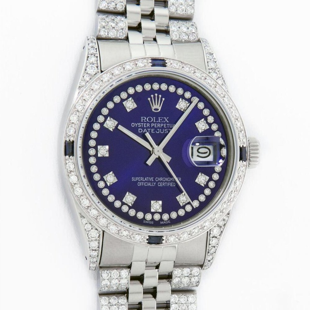 Rolex Datejust 36mm Watch Stainless Steel Iced Out 28 Diamond Lugs 18K Bezel